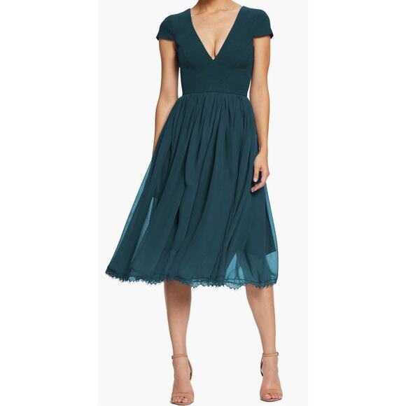 Dress the Population Corey Chiffon fit & flare cocktail dress green Large L - Picture 1 of 8